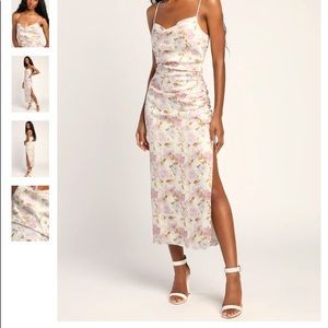 Lulus - truest romance white floral print ruched midi dress - small
